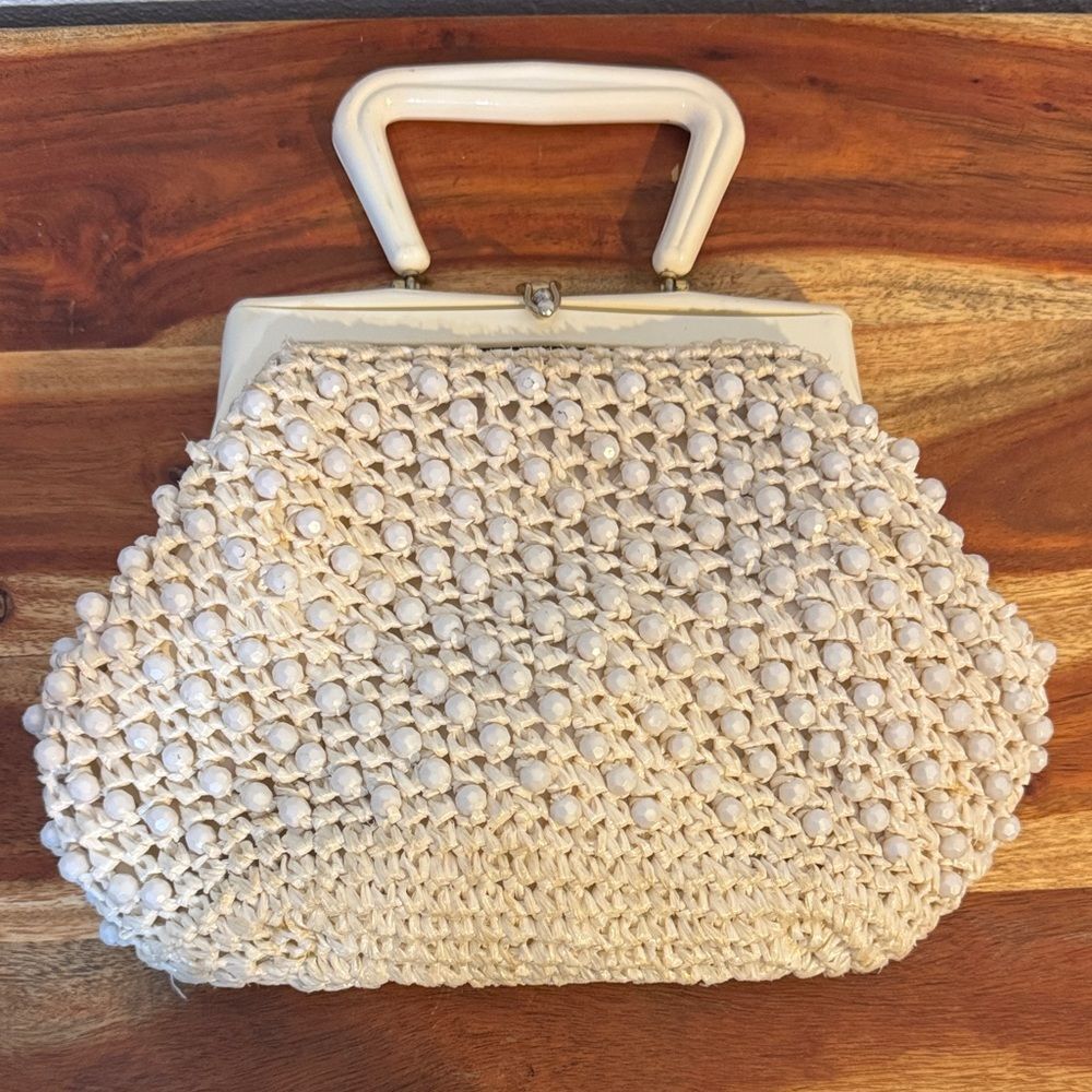 VTG 50s 60s Made in Italy Beaded Raffia Straw Handbag Cream Woven Mod MCM Purse